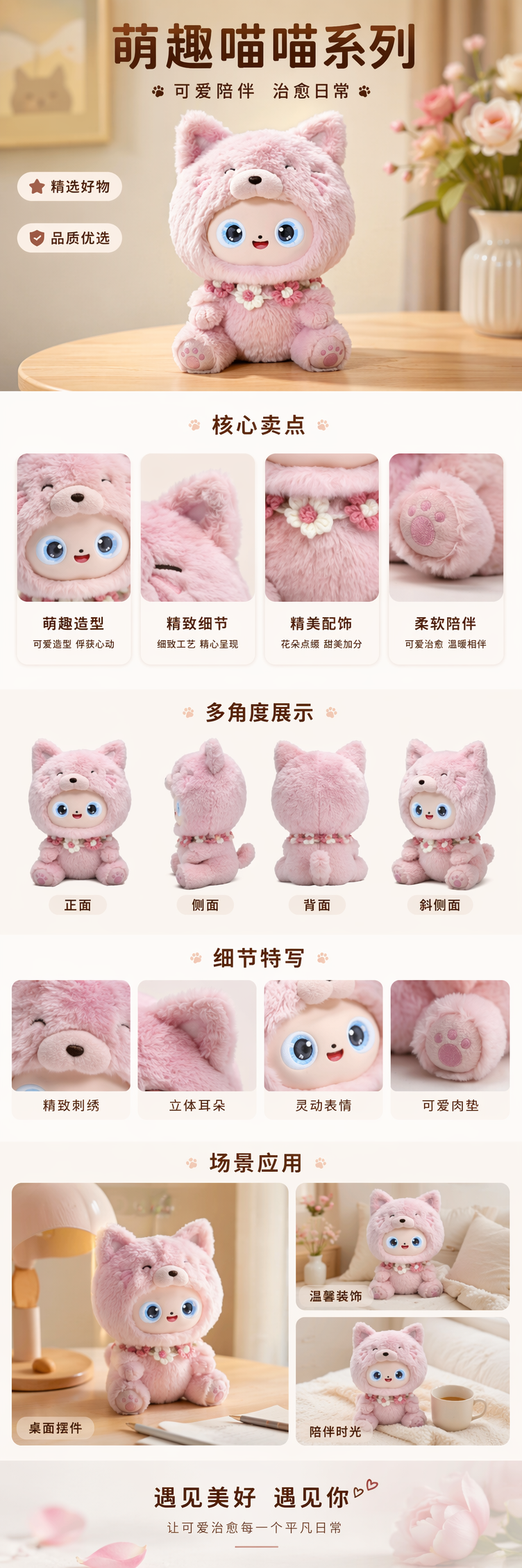 七款毛绒猫形玩偶 枫焰红云棉白墨曜黑桃酥粉竹青绿蜜杏黄溪蓝浅蓝连体衣圆脸蓝眼围兜详情1