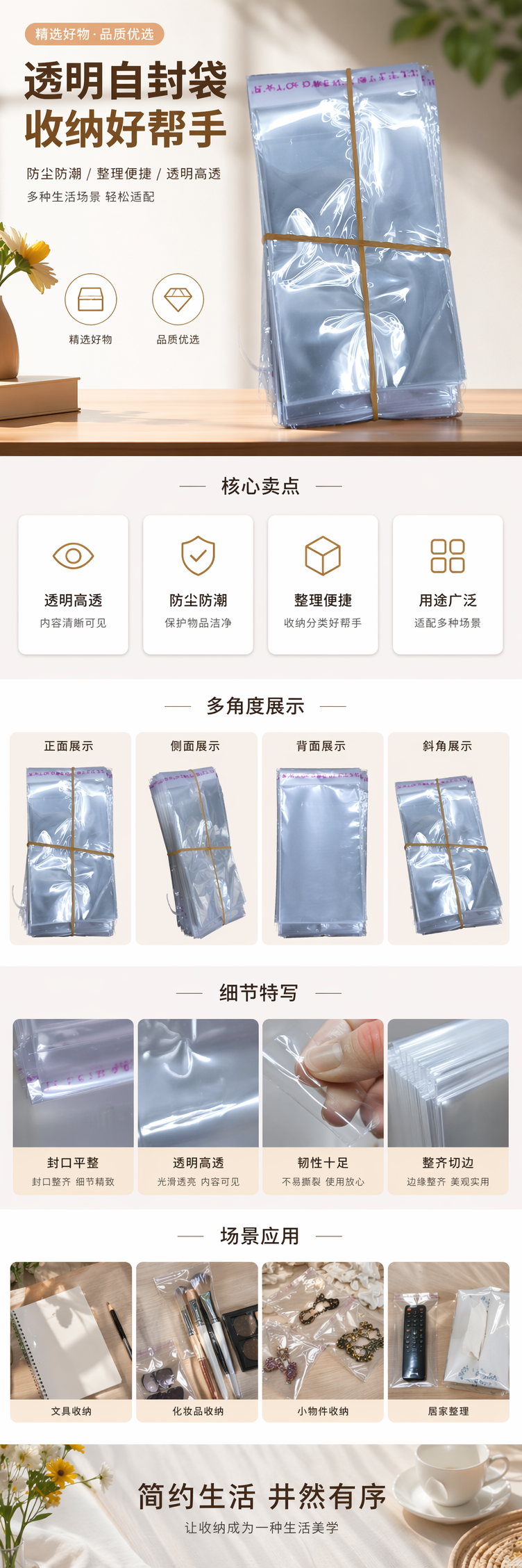 透明塑料袋堆叠装 橡皮筋捆绑式 100只/包 家用收纳整理袋 pic 1