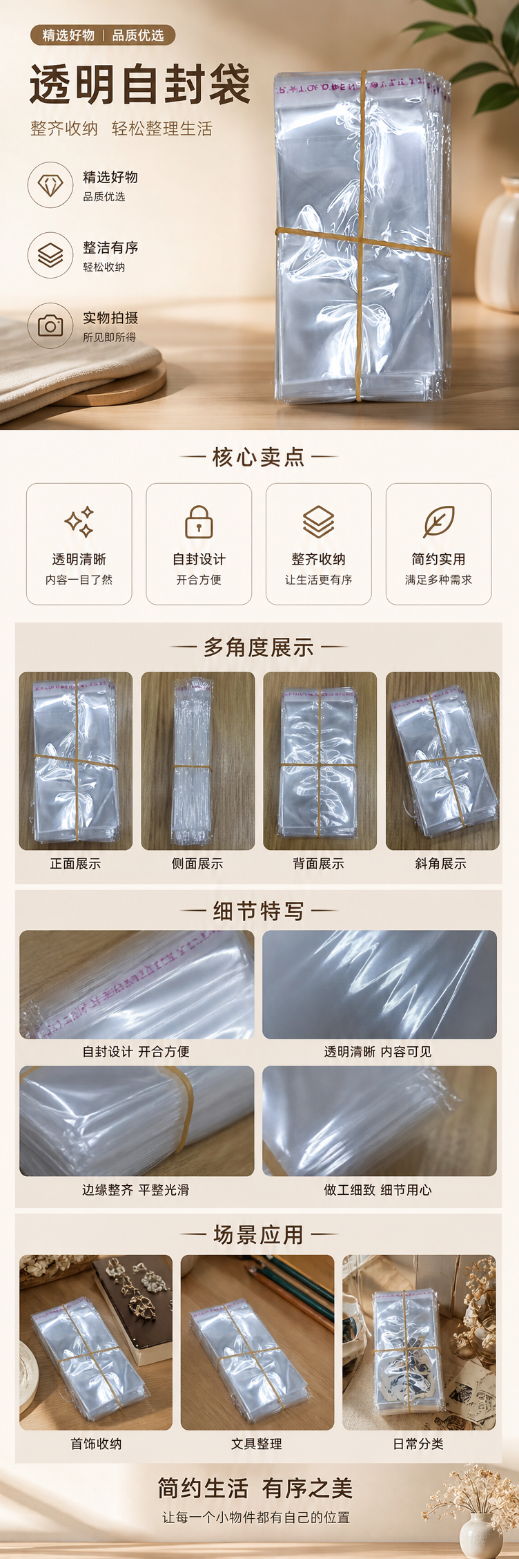 透明塑料袋堆叠装 黄色橡皮筋捆扎 食品级加厚PE家用收纳 pic 1