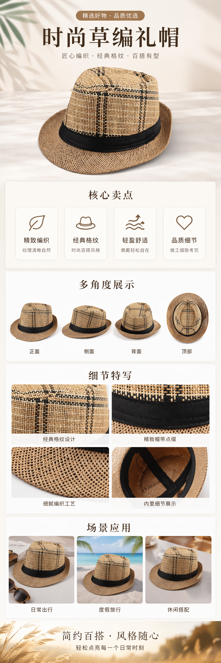 草编格纹礼帽 夏日休闲遮阳帽 女士时尚草帽详情1