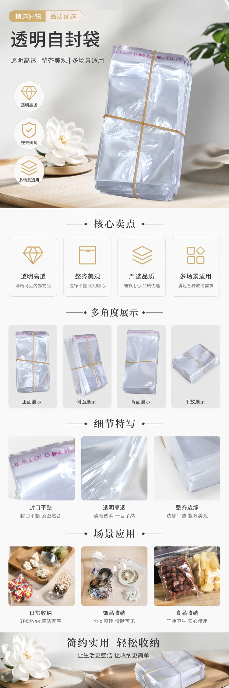 透明塑料袋堆叠装 黄色橡皮筋捆扎 加厚PE食品级收纳袋 pic 1