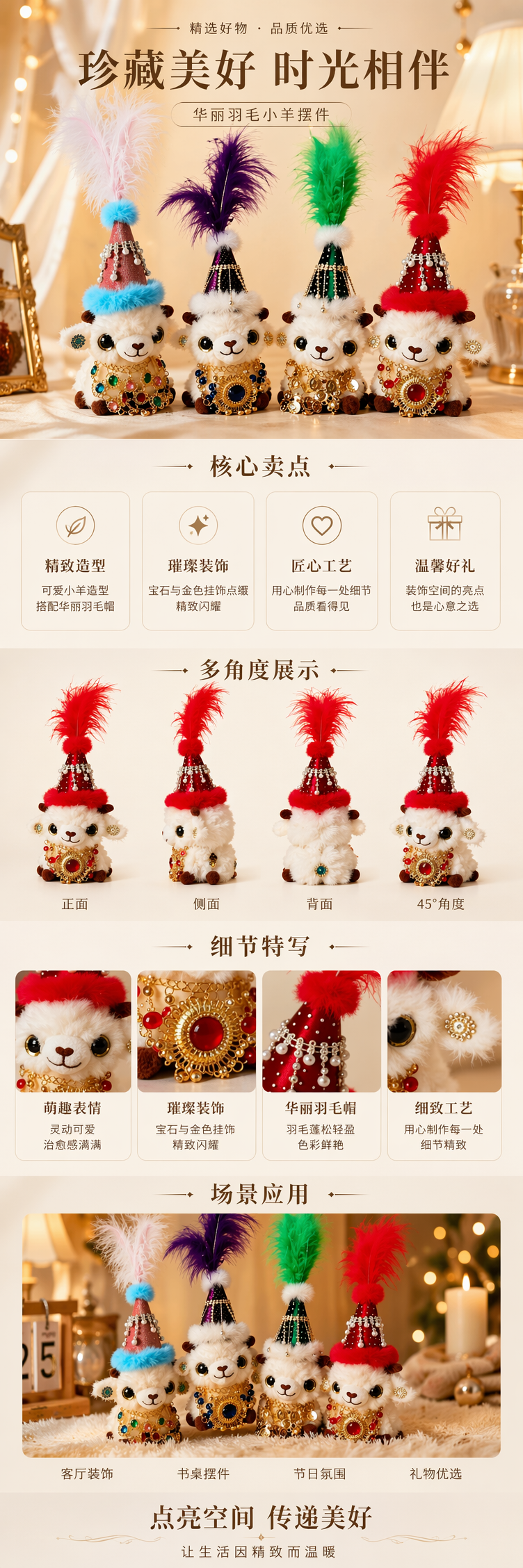 彩色羽毛帽羊驼毛绒玩偶可爱萌系抱枕装饰详情1