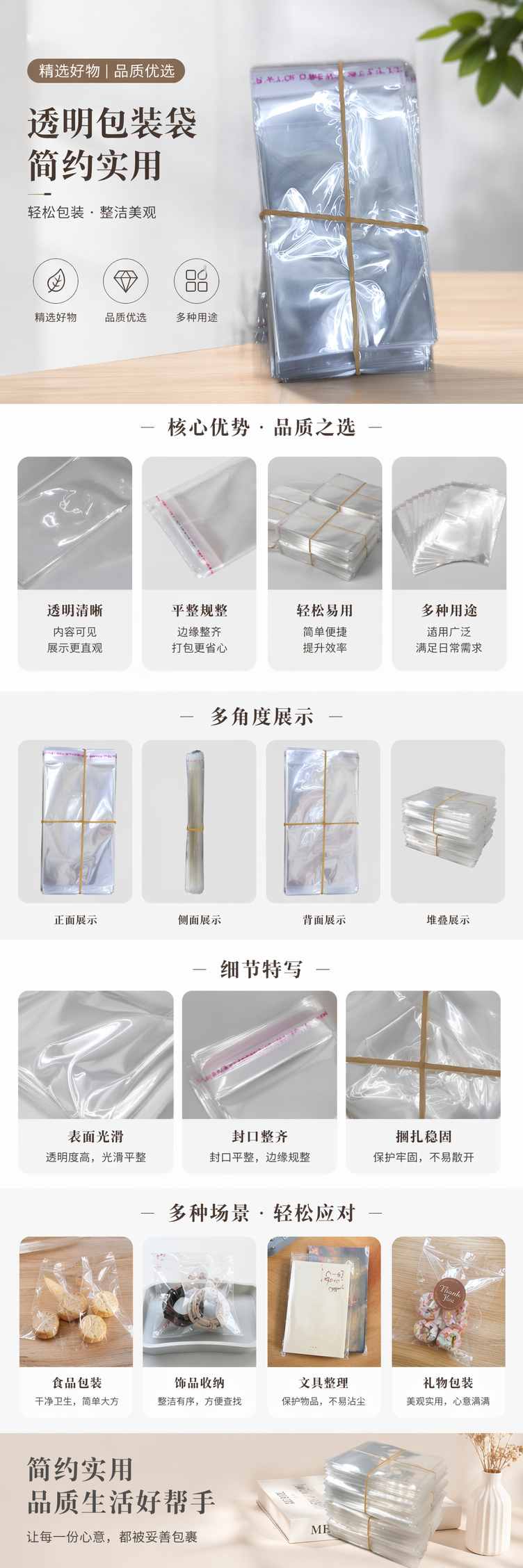 加厚透明塑料袋堆叠装 黄色橡皮筋捆扎 100只厨房收纳 pic 1