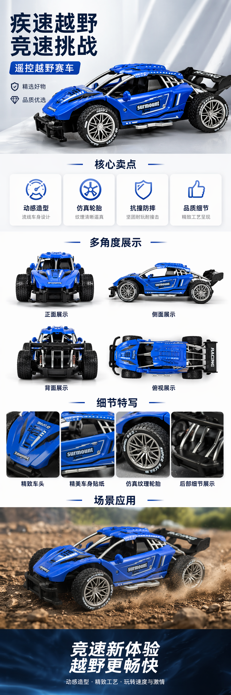 蓝色遥控赛车儿童玩具合金车身四驱车可漂移1:24 pic 1