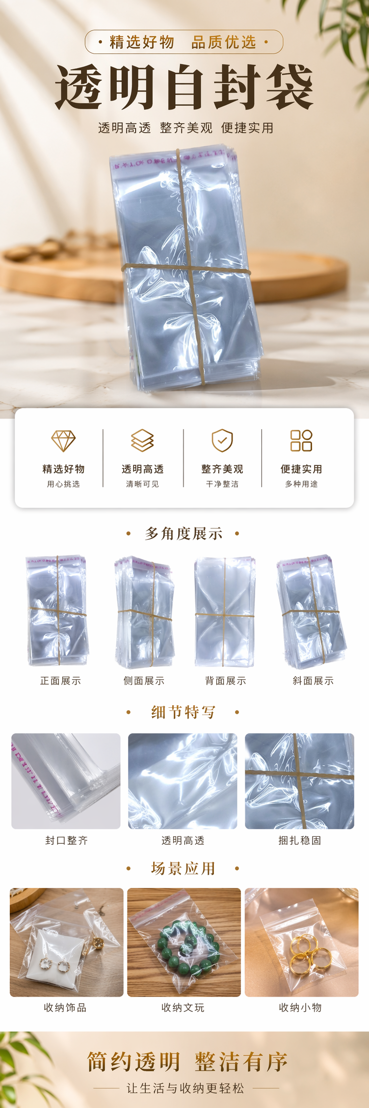 透明塑料袋堆叠装黄色橡皮筋十字捆绑环保收纳袋 pic 1