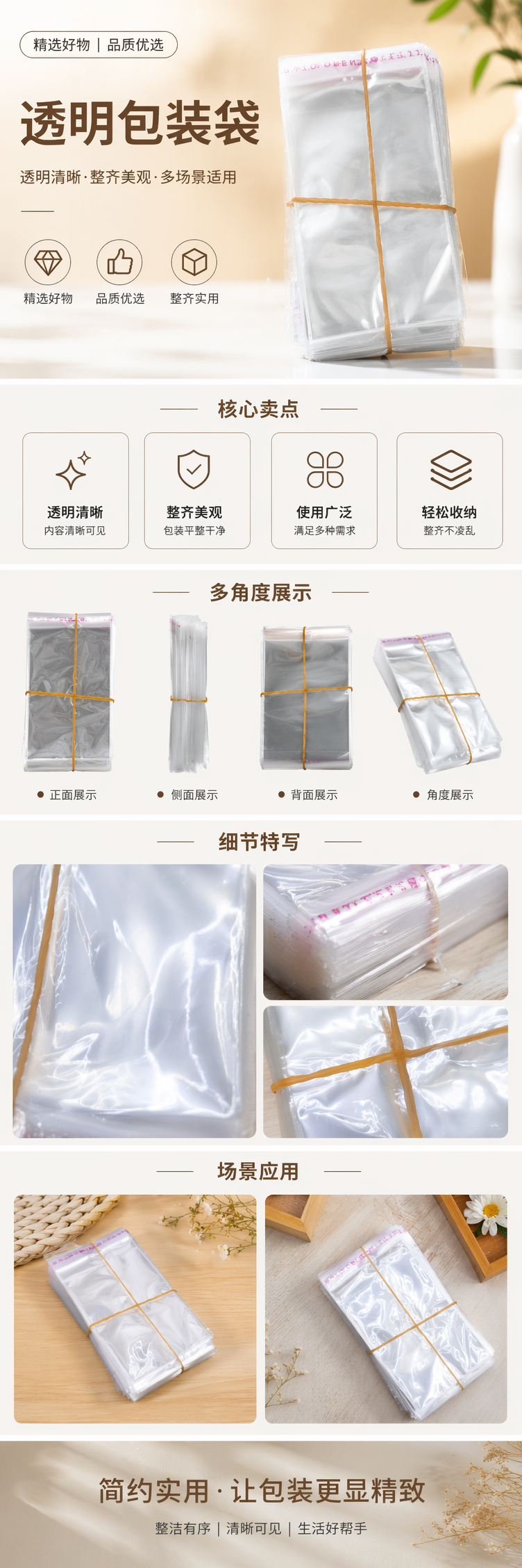 透明塑料袋堆叠式收纳 黄色橡皮筋捆扎 100只装 pic 1