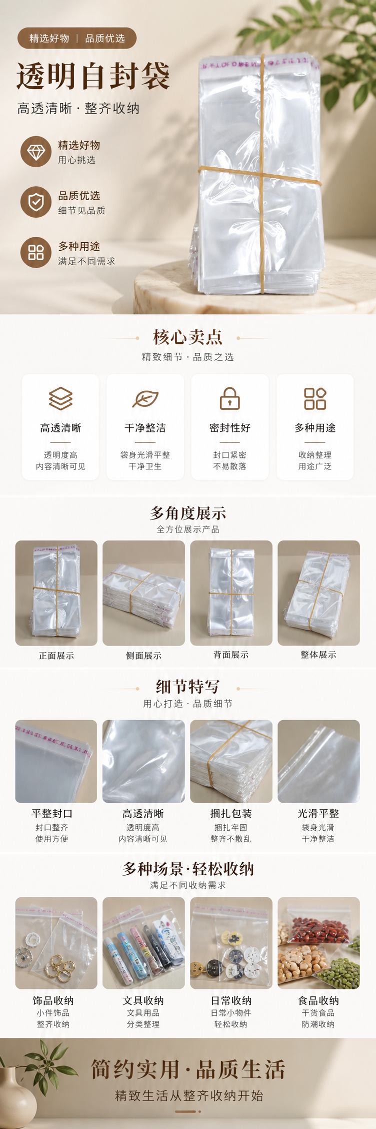 透明塑料袋堆叠装 黄色橡皮筋捆扎 加厚PE防潮便携收纳袋 pic 1