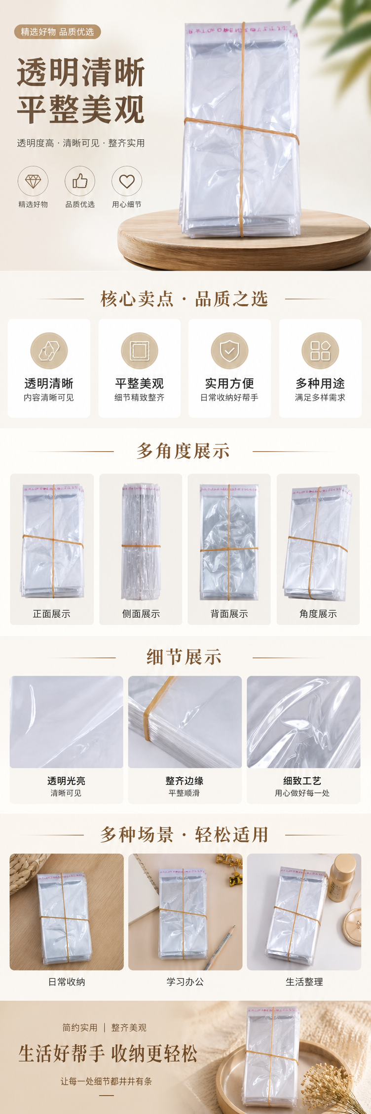 透明塑料袋堆叠装 黄色橡皮筋捆扎 食品级PP材质防尘收纳 pic 1