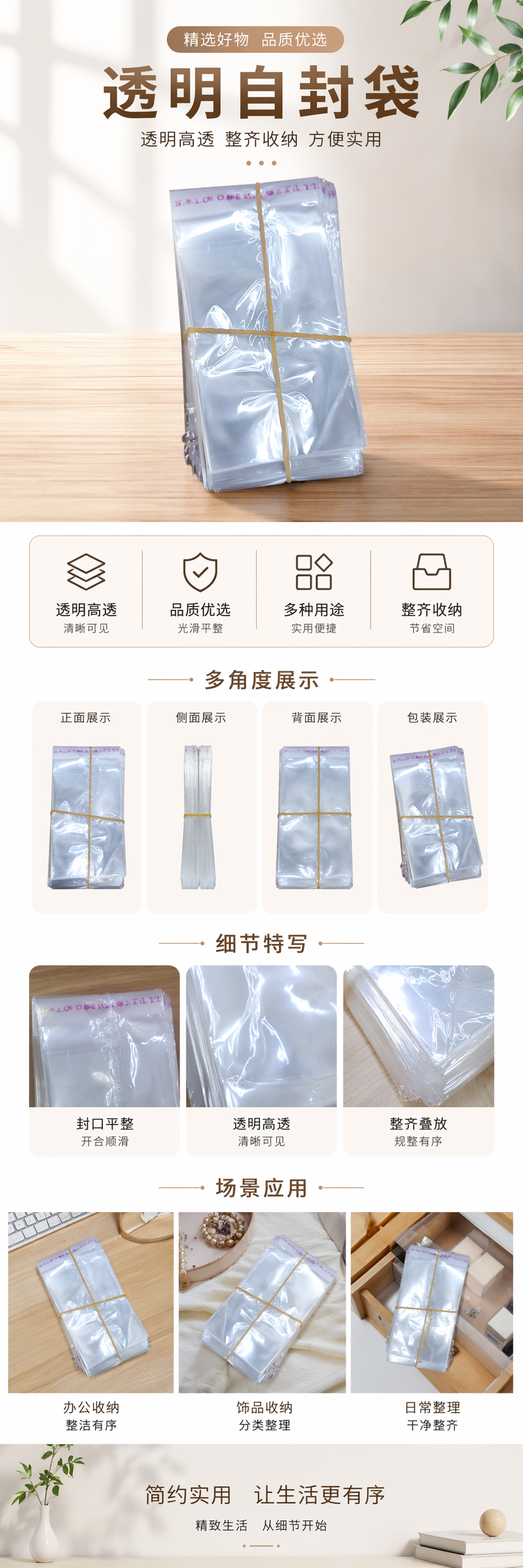 透明塑料袋堆叠式设计 黄色橡皮筋固定 食品级PE便携收纳 pic 1