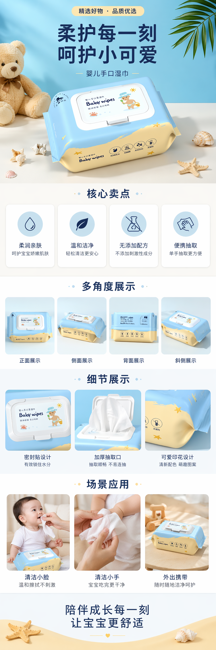 蓝色黄色渐变婴儿口手湿巾带白色翻盖卡通宝宝图案 pic 1