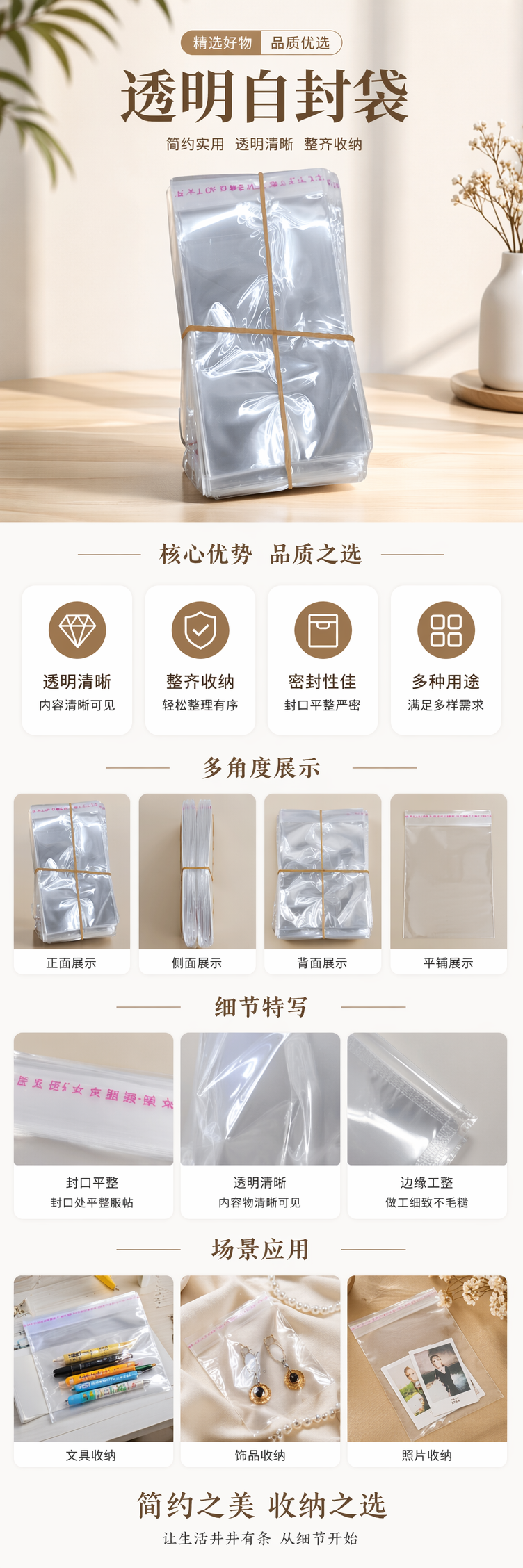 透明塑料袋堆叠装 黄色橡皮筋捆绑 100只装 家用收纳整理袋 pic 1