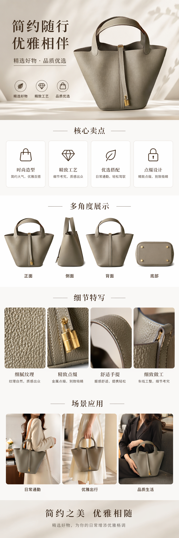 灰绿色荔枝纹皮革手提包女士通勤单肩托特包详情1