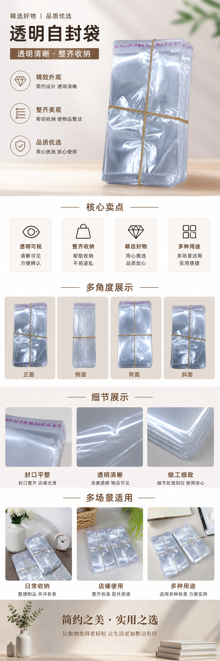 透明塑料袋堆叠式收纳 黄色橡皮筋捆扎 食品级PP材质 pic 1