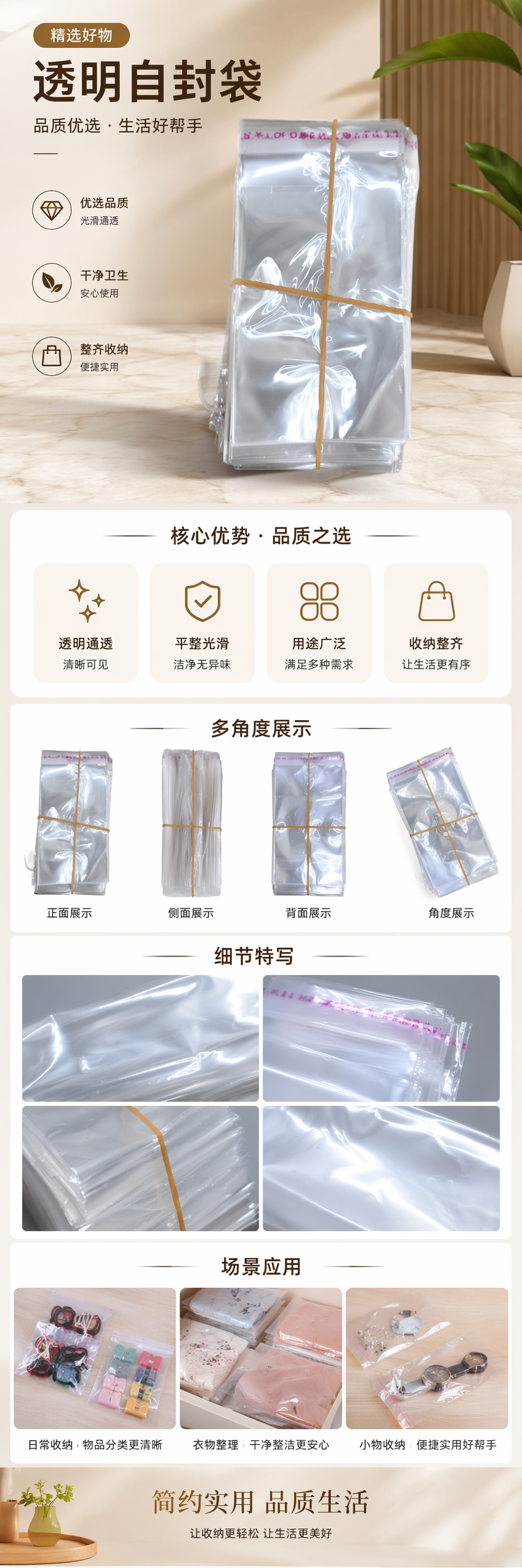 透明塑料袋堆叠装 黄色橡皮筋捆扎 食品级加厚防漏收纳 pic 1