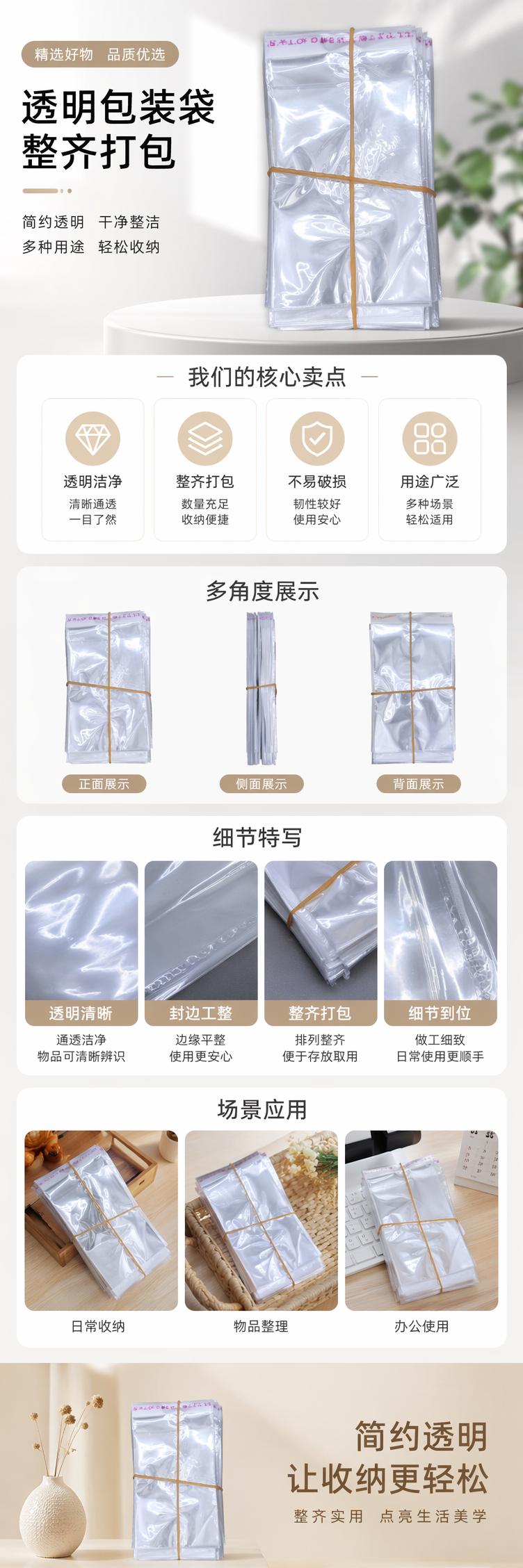 透明塑料袋堆叠装黄色橡皮筋捆绑家用收纳保鲜密封袋 pic 1