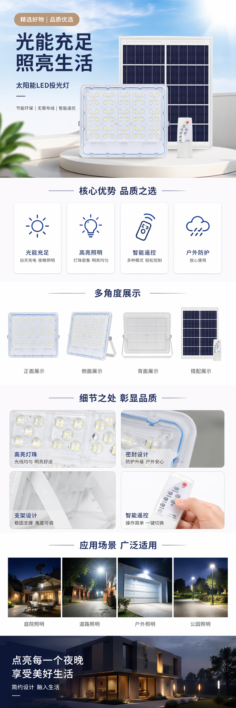 300w白色LED泛光灯配太阳能板遥控器详情1