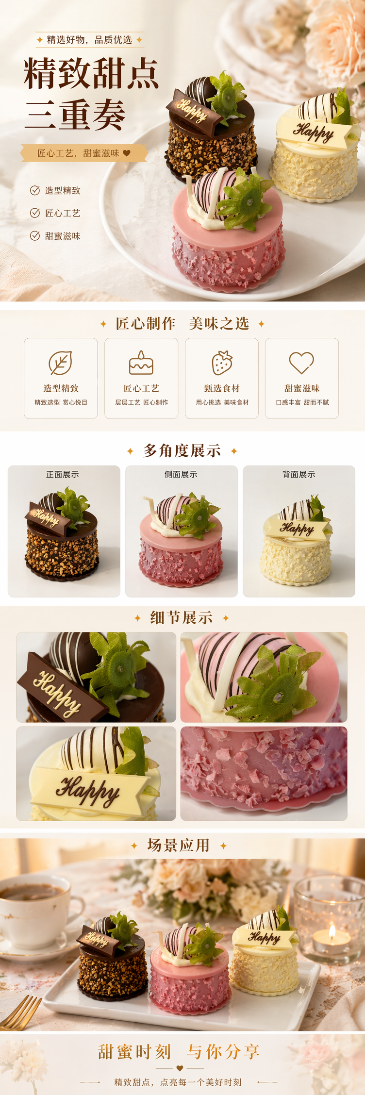 白色托盘四款装饰甜点 草莓巧克力坚果蛋糕粉色奶油白巧碎 pic 1