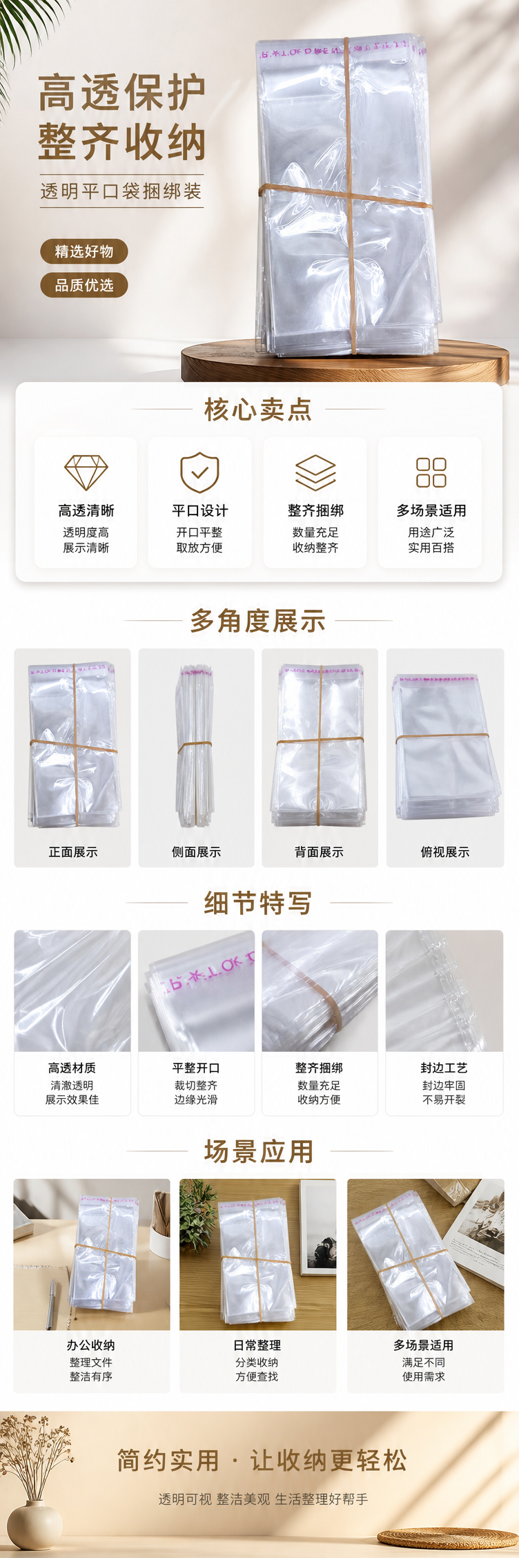 透明塑料袋堆叠装 黄色橡皮筋捆扎 可降解PE材质家用收纳 pic 1