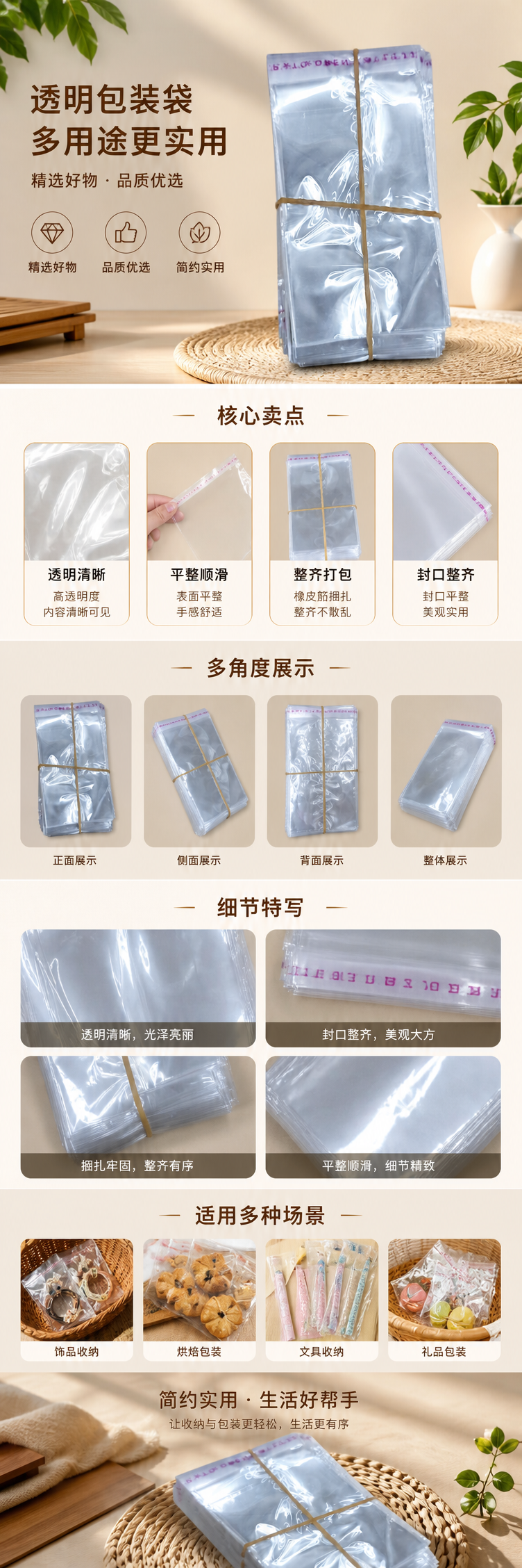 透明塑料袋堆叠装 黄色橡皮筋捆扎 食品级PE加厚款 100只厨房收纳 pic 1