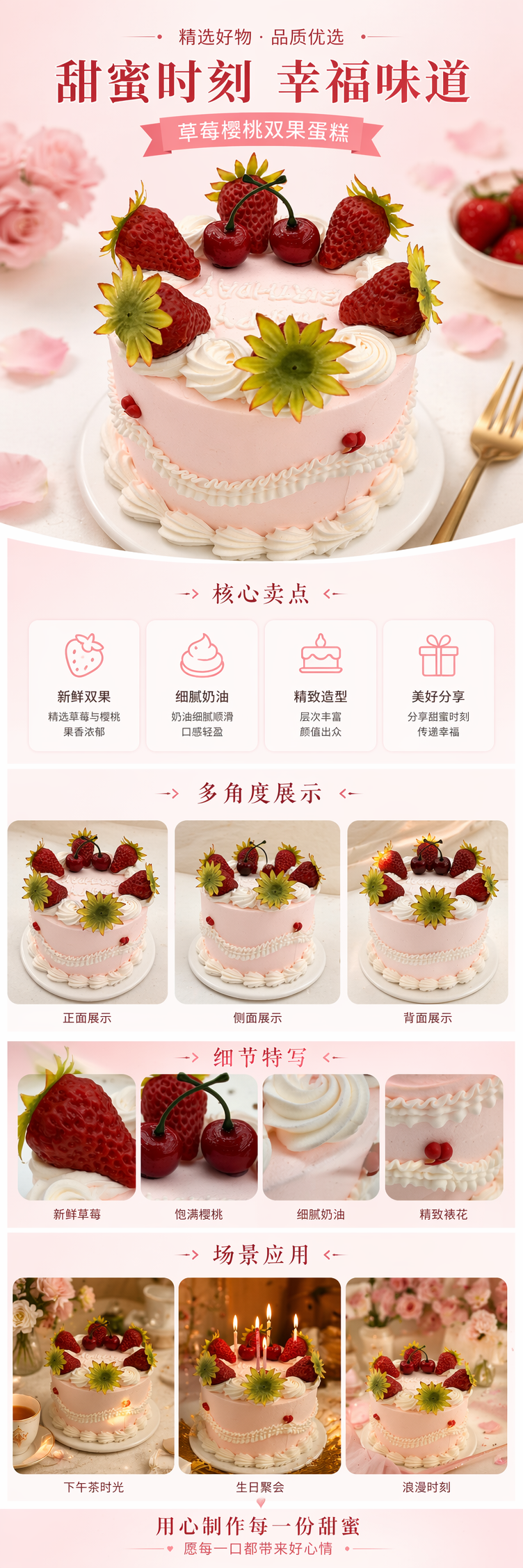 粉色草莓樱桃蛋糕 白色奶油花边装饰 绿色花形点缀 白盘装 pic 1