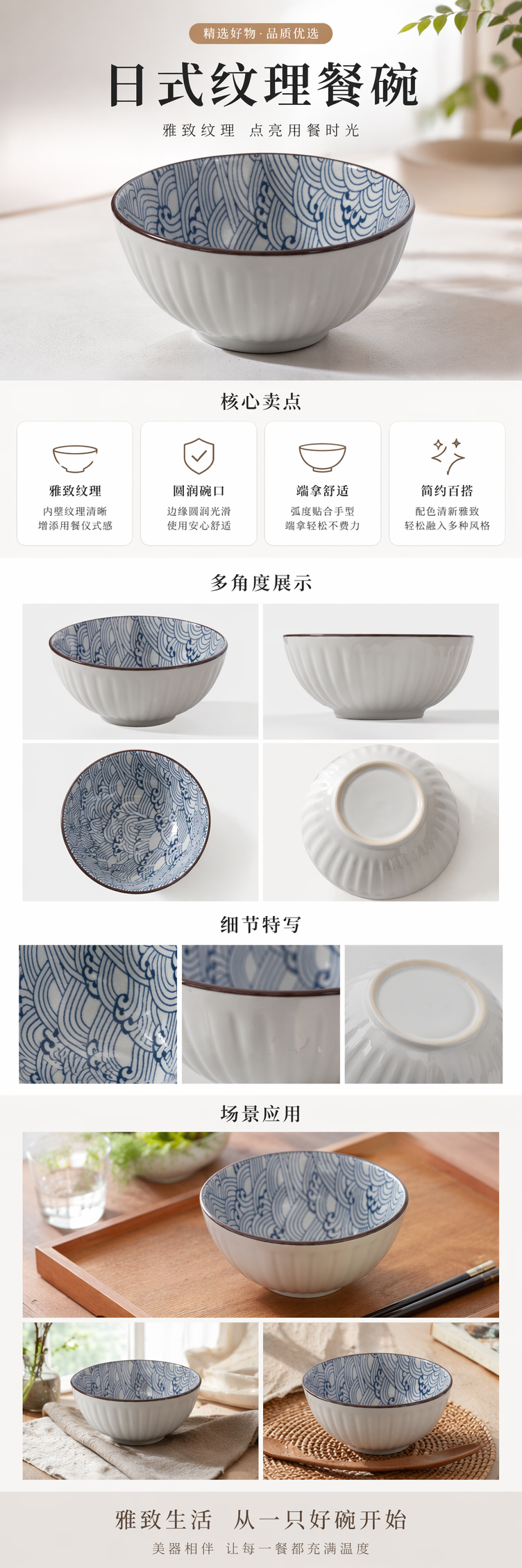 白色带蓝纹波浪图案陶瓷碗 家用餐具汤碗盛饭碗详情1