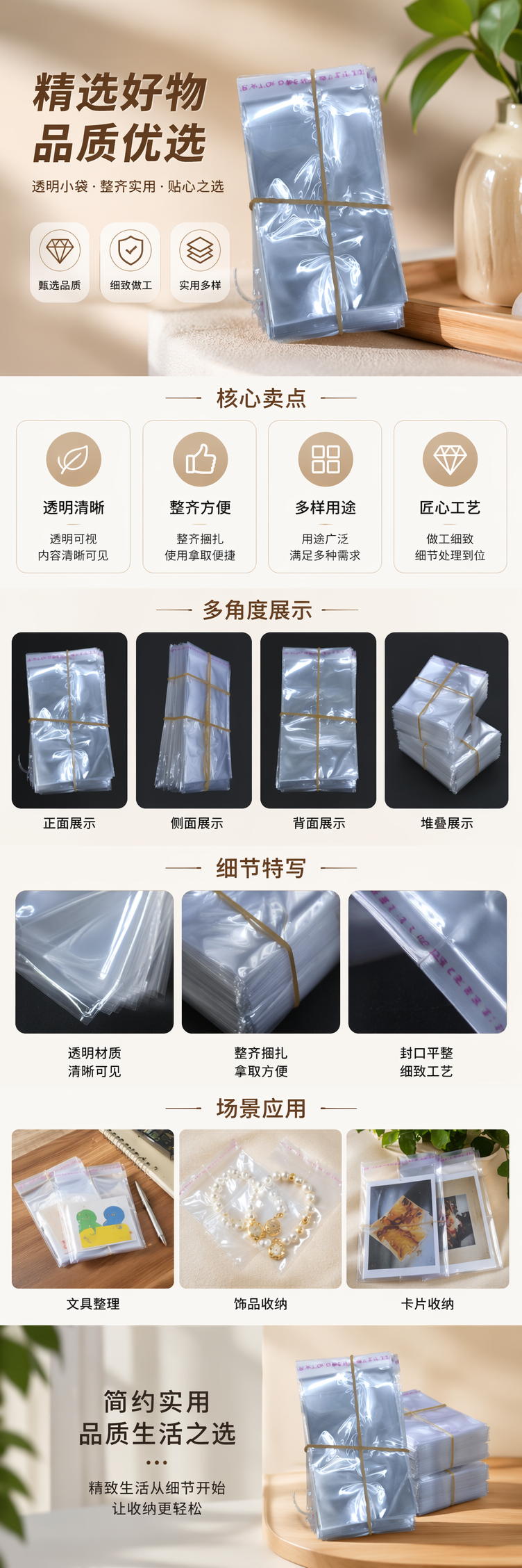 透明塑料袋堆叠式收纳 黄色橡皮筋捆扎 100只加厚防撕家用 pic 1