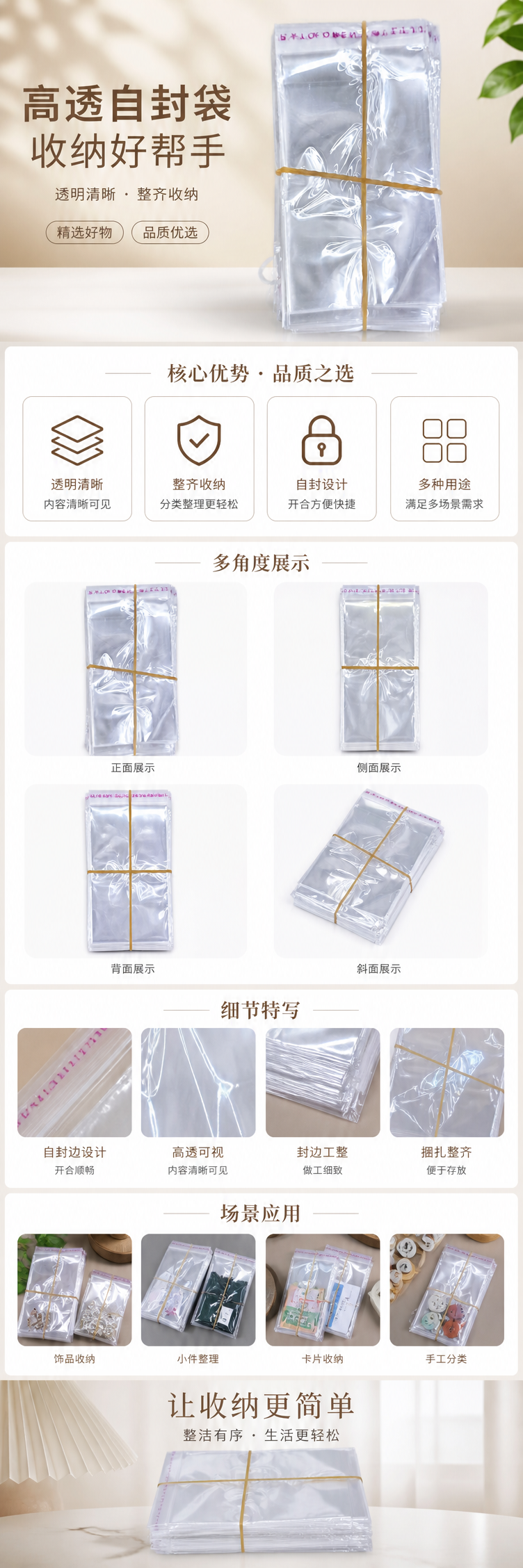 透明塑料袋堆叠装 橡皮筋捆扎设计 食品级PE材质便携收纳 pic 1