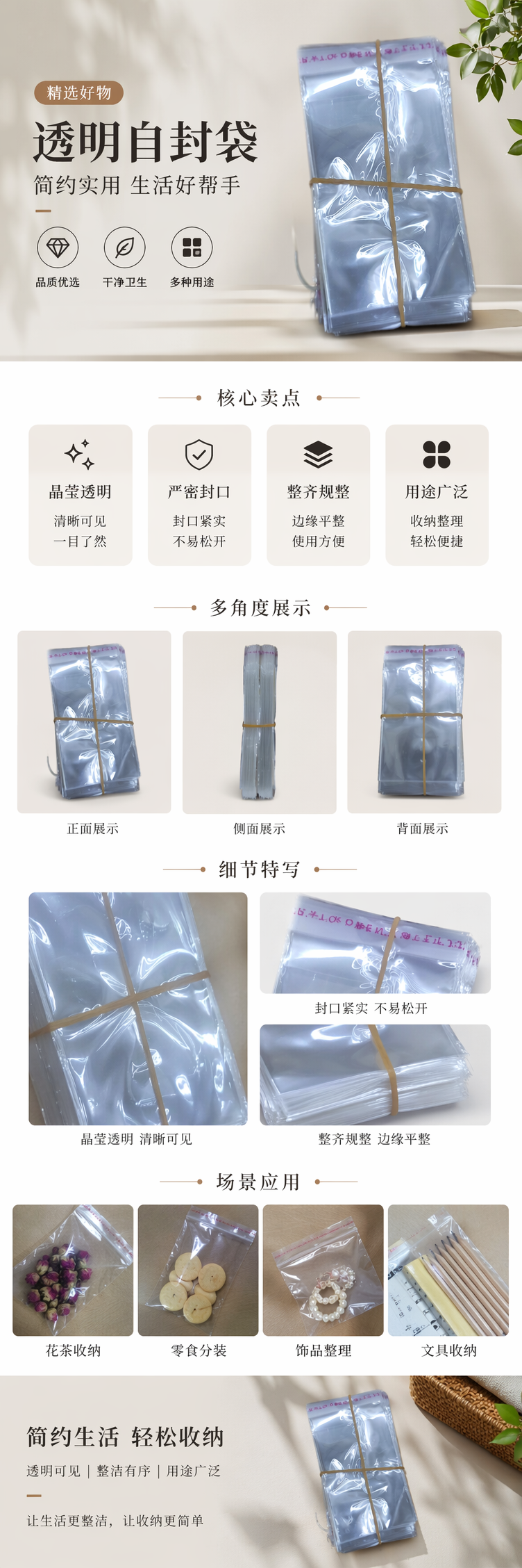 透明塑料袋堆叠收纳 橡皮筋捆扎设计 食品级PP材质可重复使用 pic 1