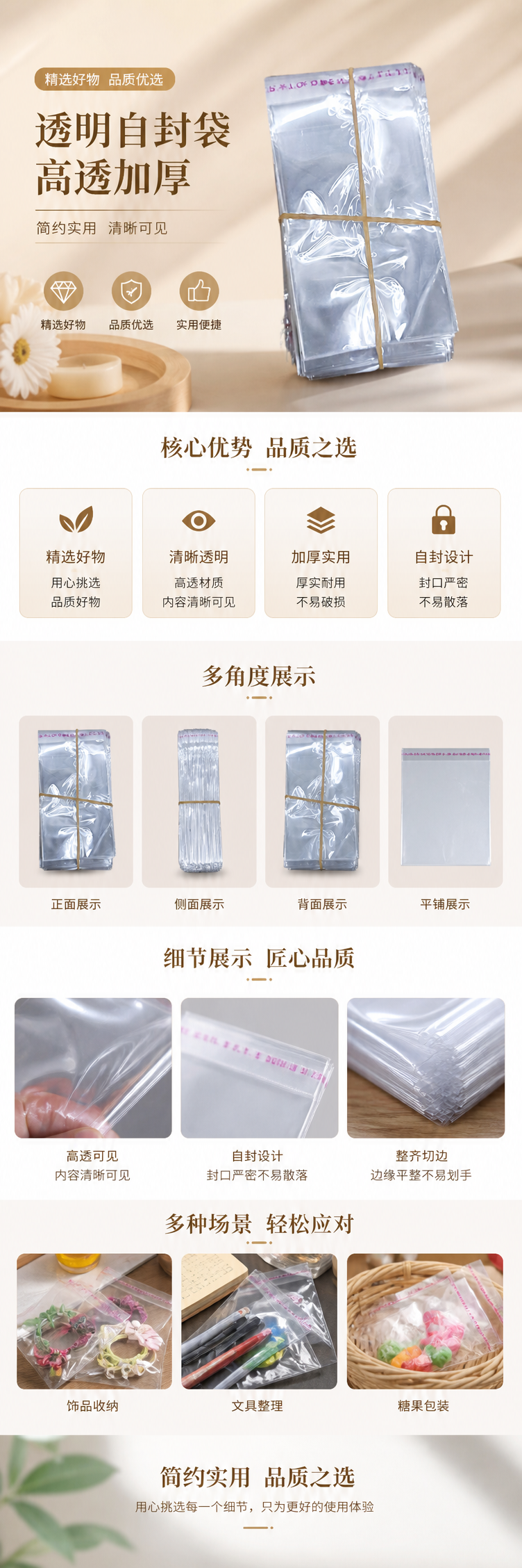 透明塑料袋堆叠装 黄色橡皮筋捆扎 食品级PE材质防漏收纳 pic 1