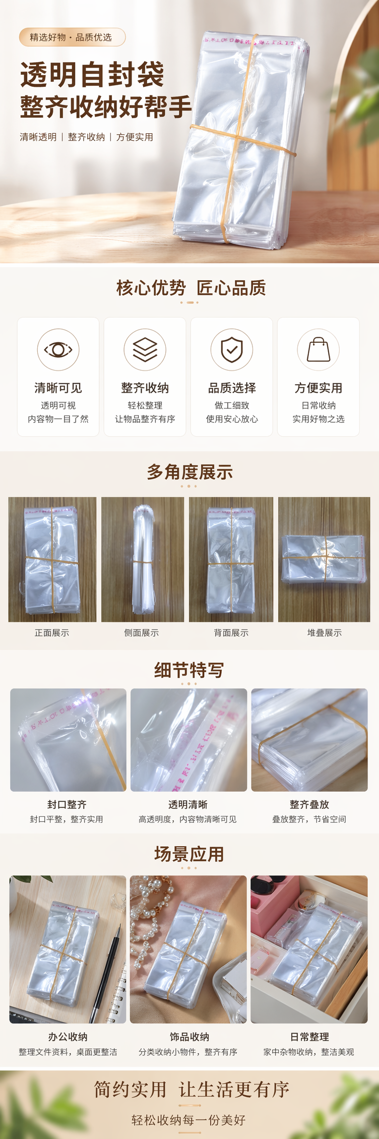 透明塑料袋堆叠装 黄色橡皮筋捆扎 食品级PE加厚防漏便携收纳详情1