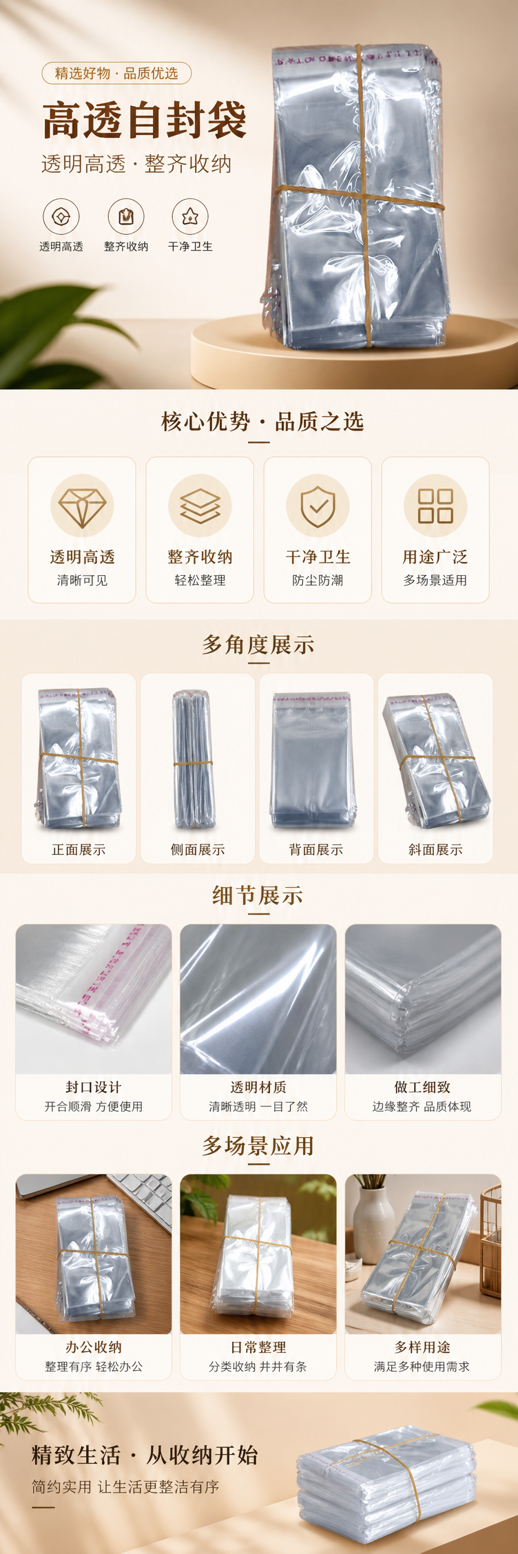 透明塑料袋堆叠装 黄色橡皮筋捆绑 100只/包 pic 1
