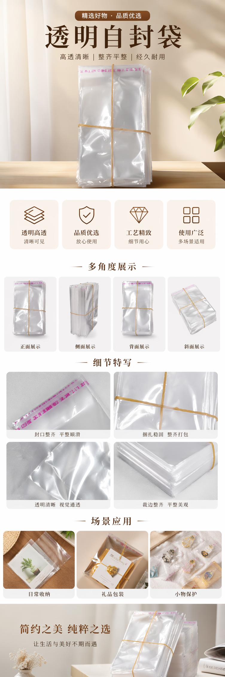 透明塑料袋堆叠装 黄色橡皮筋捆扎 15×20cm 加厚食品级详情1