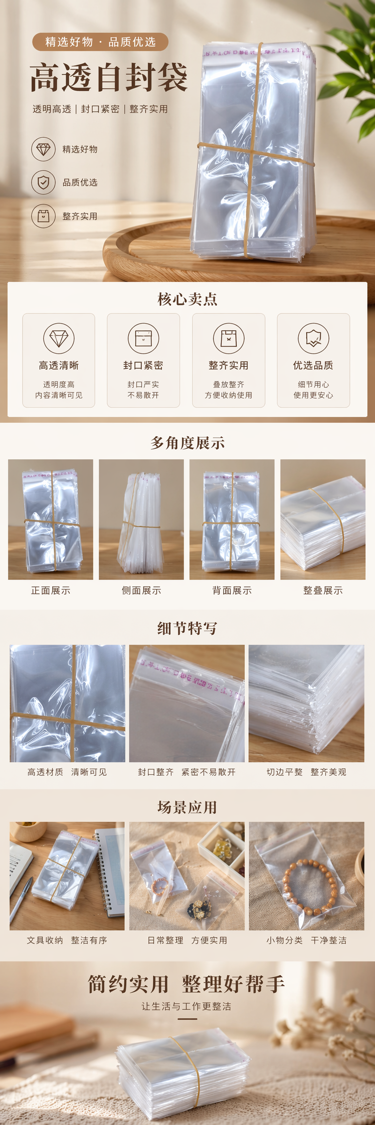透明PE塑料袋堆叠装 橡皮筋捆扎便携收纳 多尺寸通用 pic 1