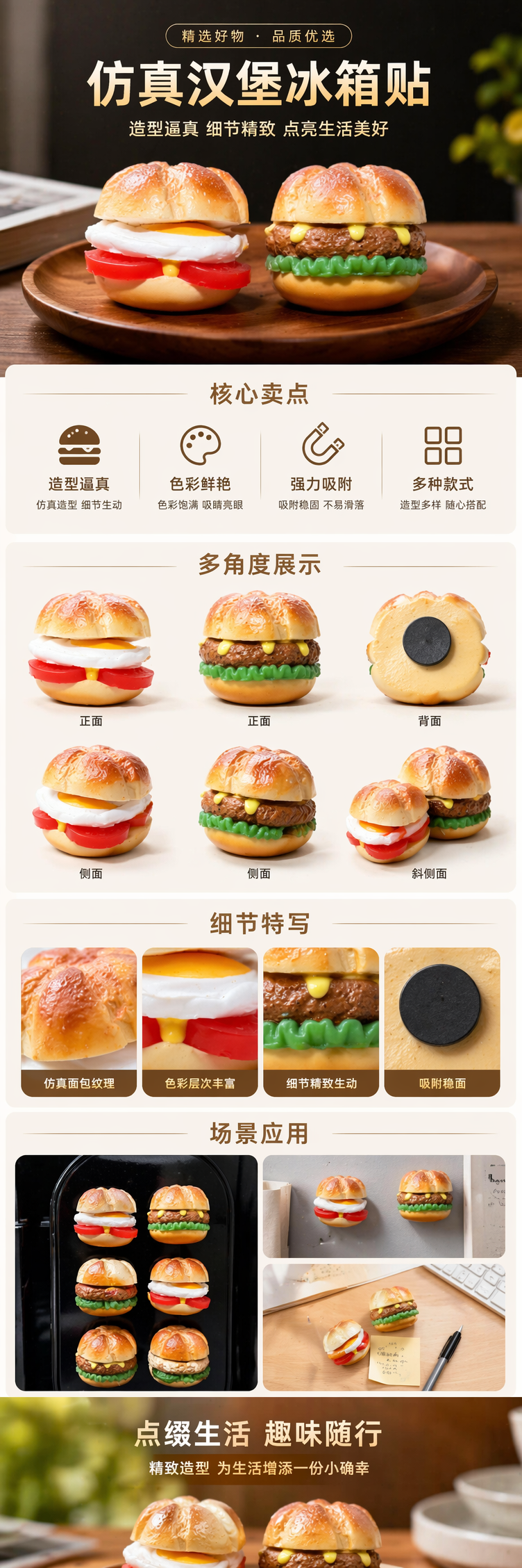 黑色托盘六款仿真汉堡模型 餐饮展示道具 厨房教学教具 pic 1