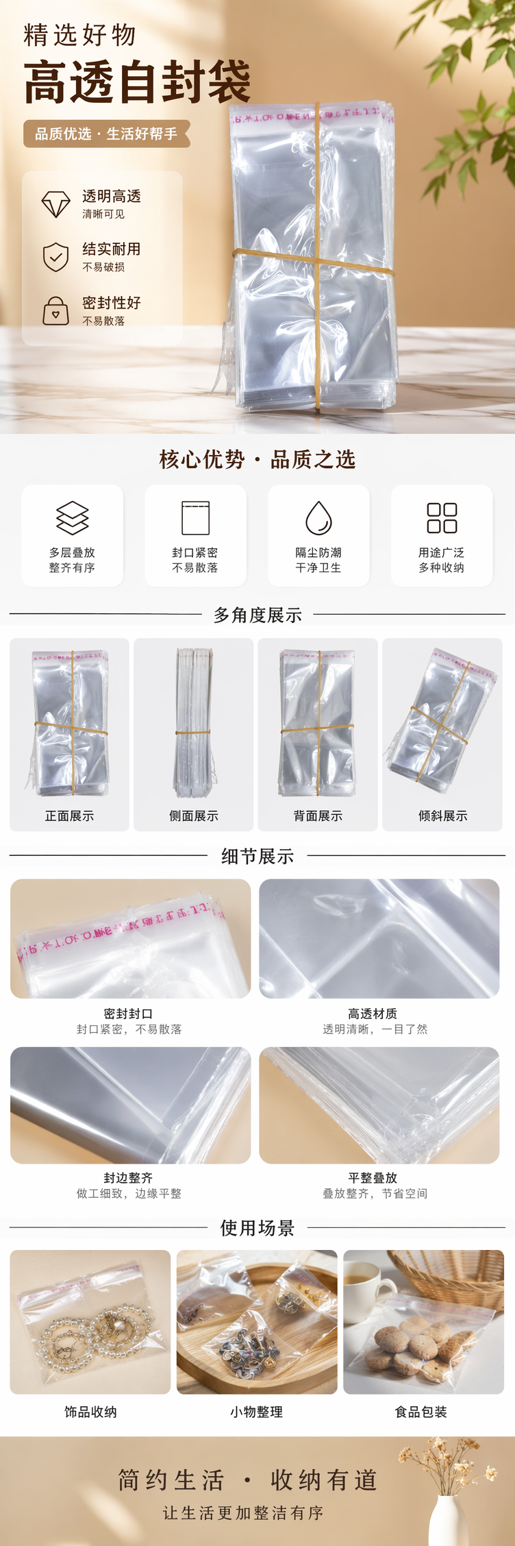 透明PE堆叠塑料袋配弹性橡皮筋厨房零食收纳用 pic 1