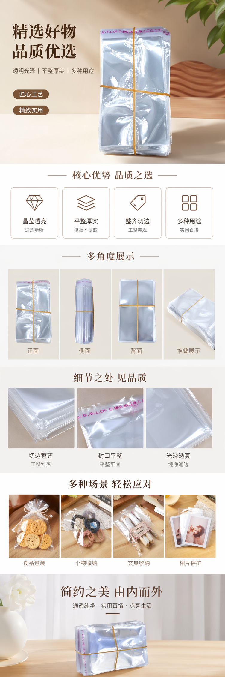 透明塑料袋堆叠装 黄色橡皮筋捆扎 一次性食品级密封袋详情1