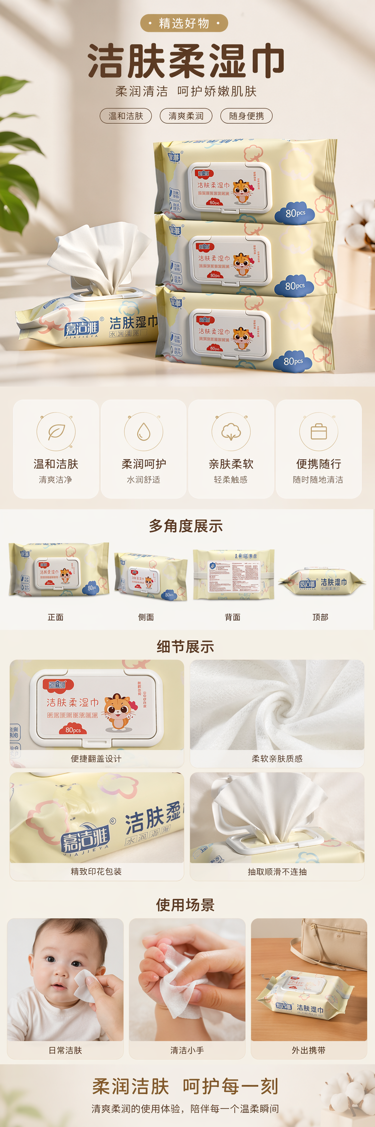 嘉洁雅卡通小猫黄色包装湿巾三包叠放一包抽出详情1