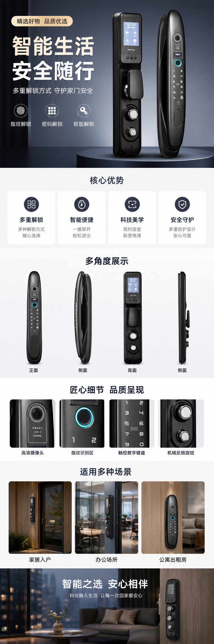 黑色智能门锁指纹密码锁家用防盗锁电子锁支持APP远程控制详情1