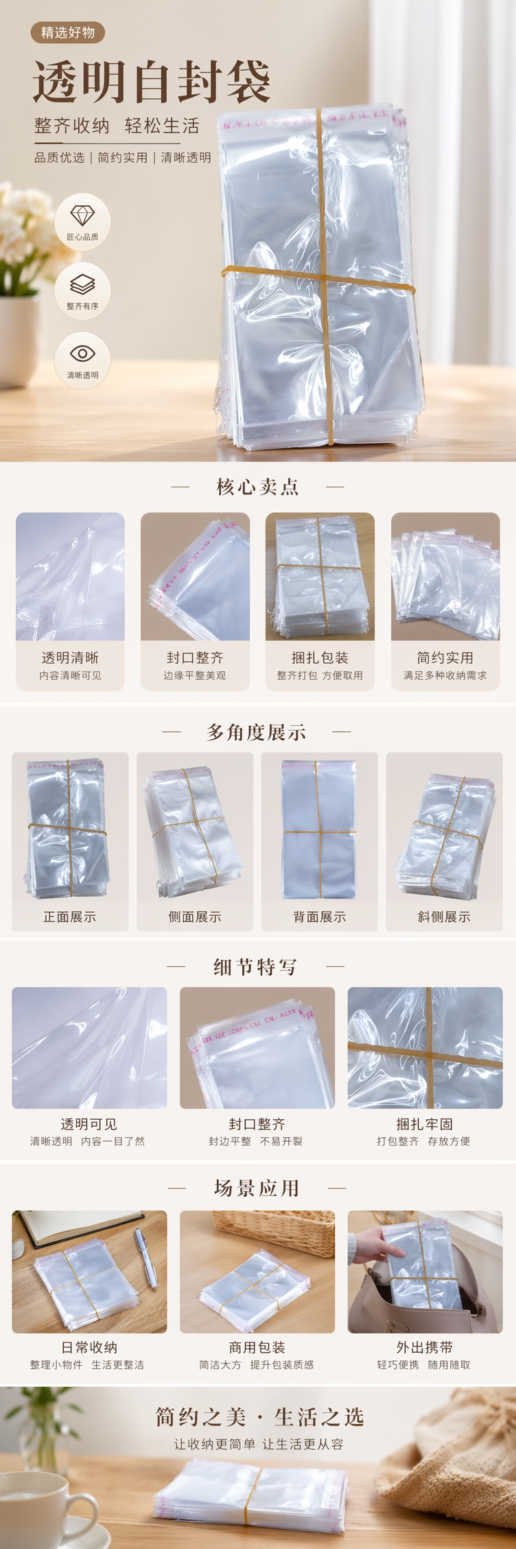 透明塑料袋堆叠装 橡皮筋捆扎设计 食品级PE材质 卫生便携 pic 1