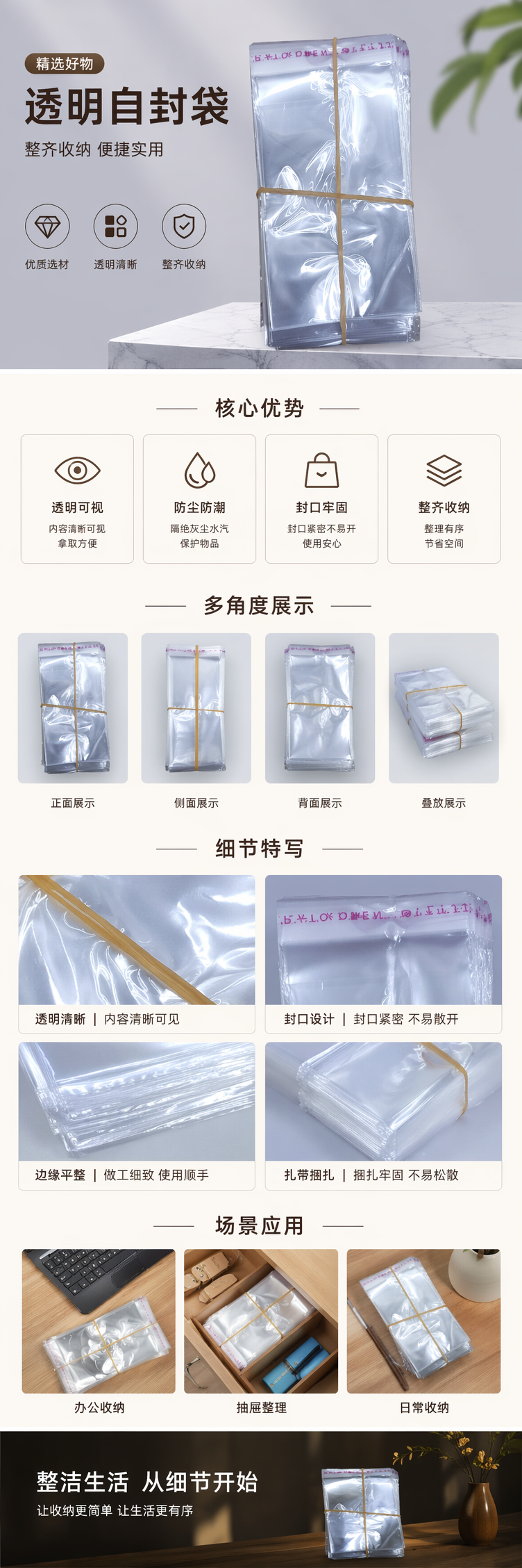 透明塑料袋堆叠式收纳 黄色橡皮筋捆扎 轻便耐用家用整理 pic 1