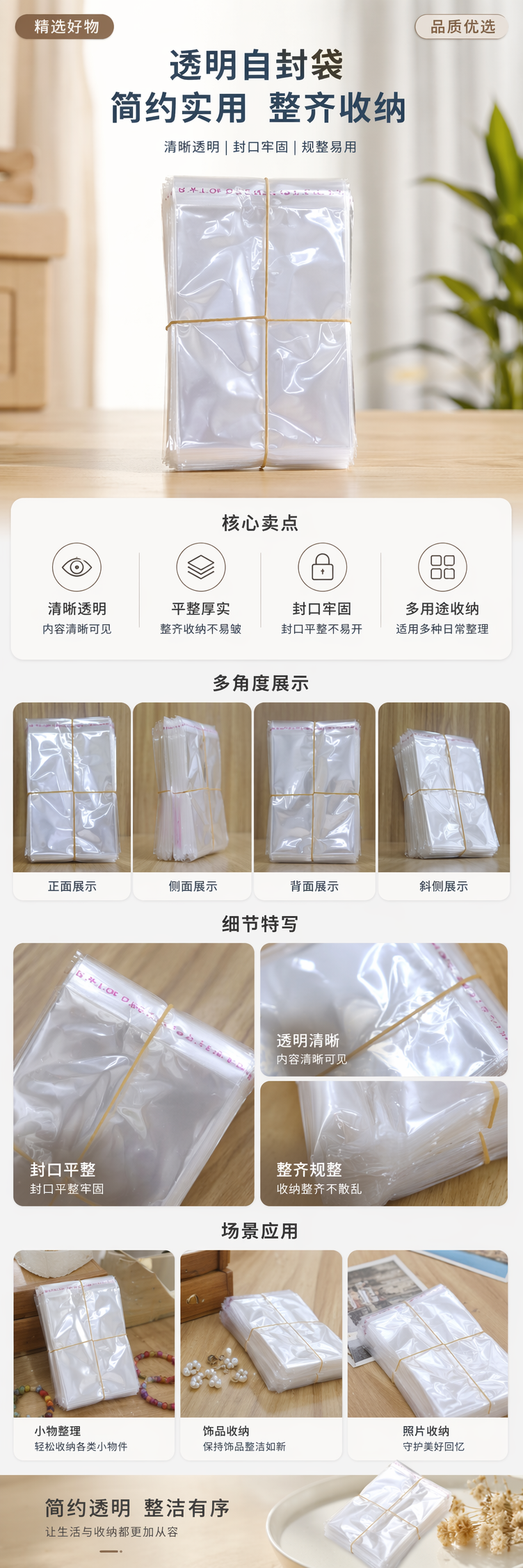 透明塑料袋堆叠收纳 黄色橡皮筋固定 食品级加厚100只 pic 1
