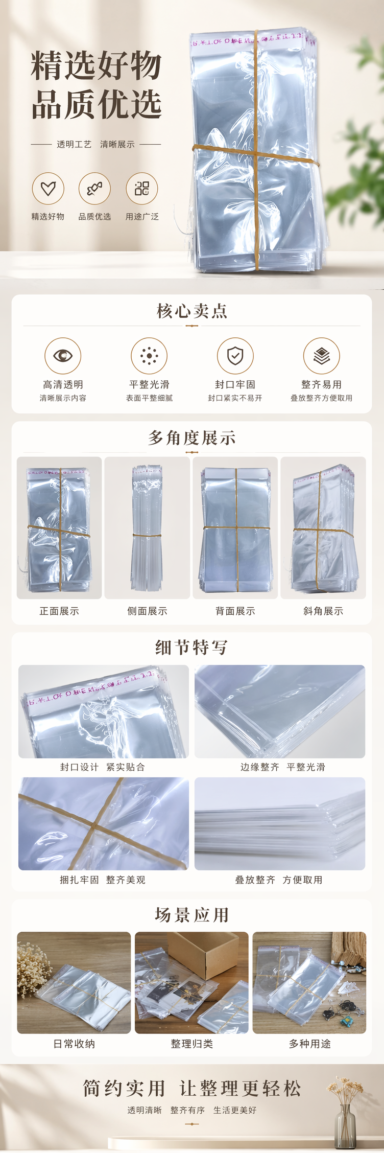 透明塑料袋堆叠收纳装 黄色橡皮筋捆束 食品级PE材质便携防尘 pic 1