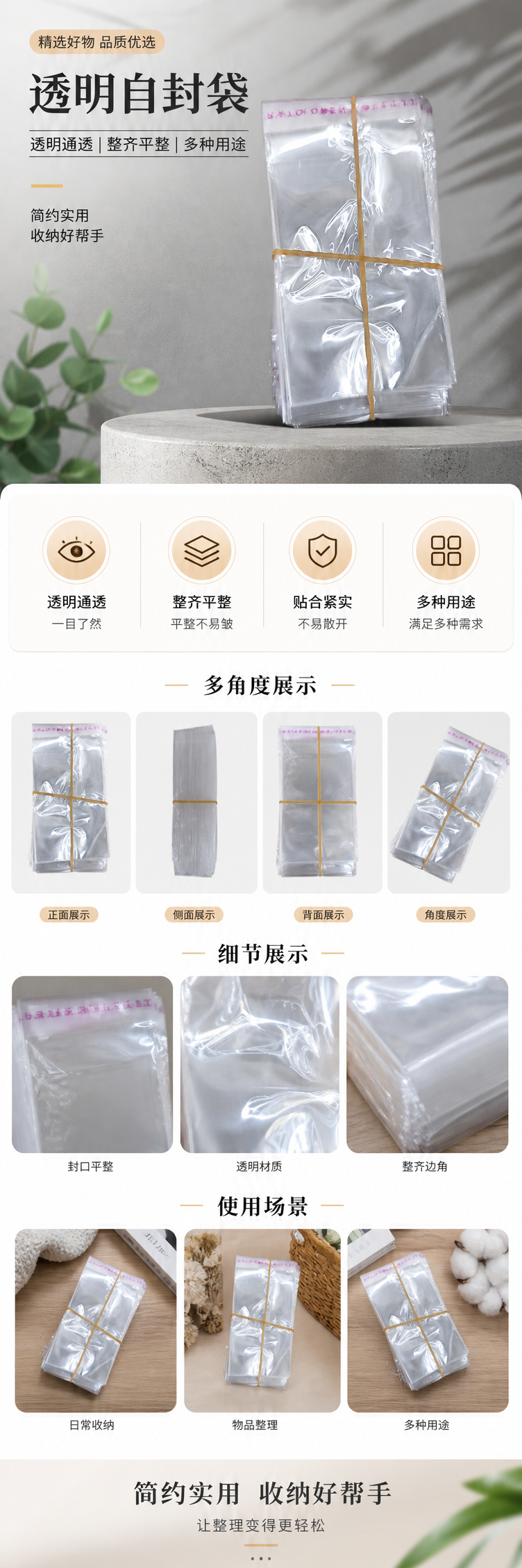 透明塑料袋堆叠式收纳 橡皮筋捆扎设计 防散落便携装 pic 1