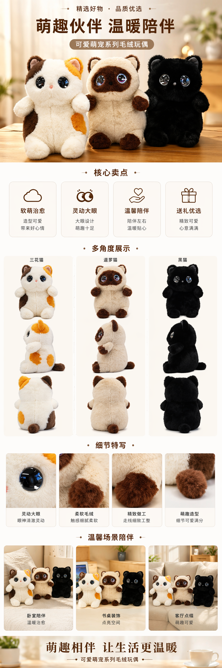 三只毛绒玩具猫可爱布艺猫咪摆件家居装饰送礼详情1