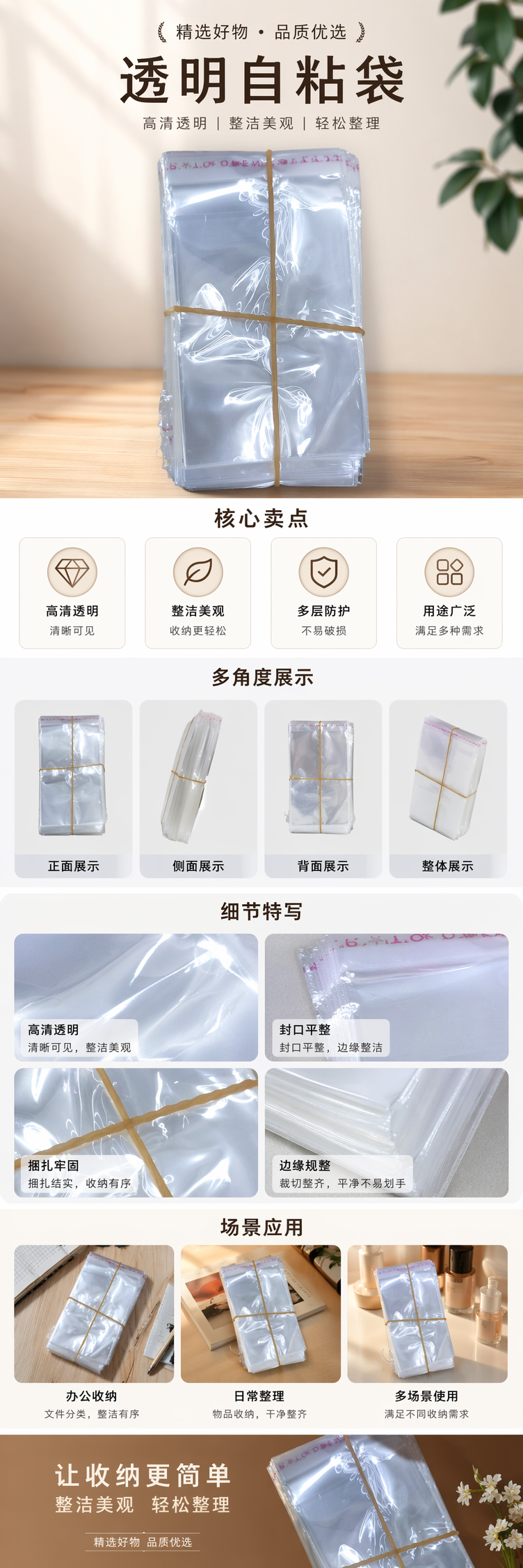 透明塑料袋堆叠装 橡皮筋捆扎设计 食品级PE材质家用收纳详情1