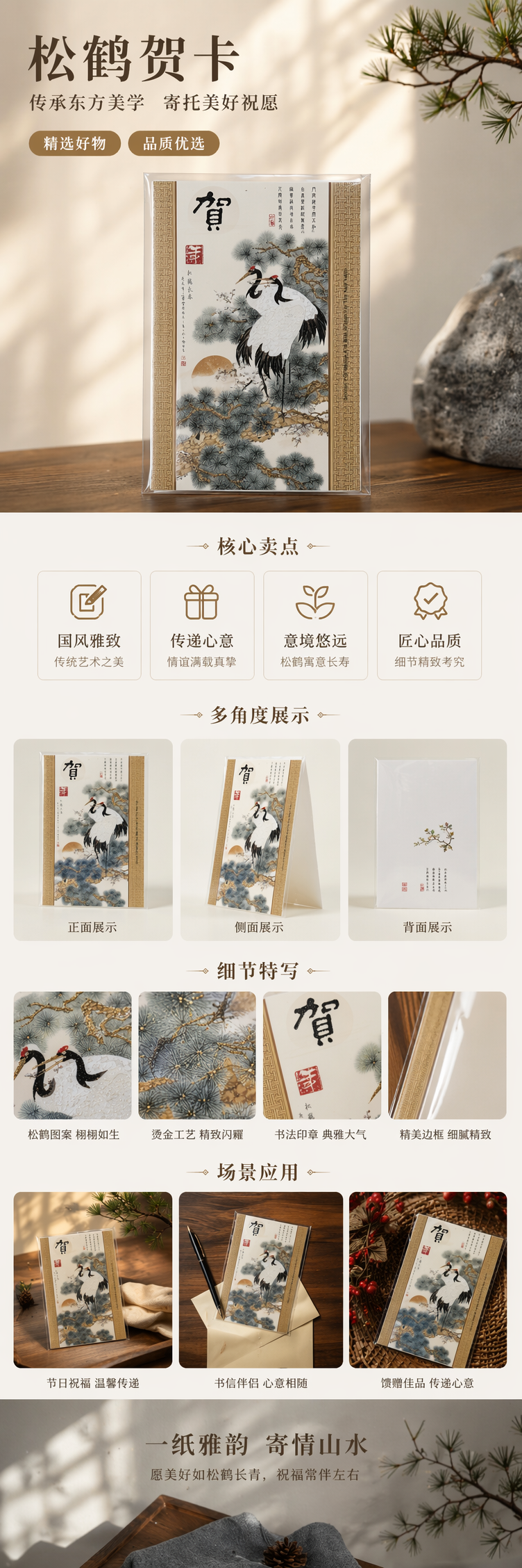 松鹤延年贺卡 白鹤松树红日图案 竖排祝福文字 回纹边框详情1