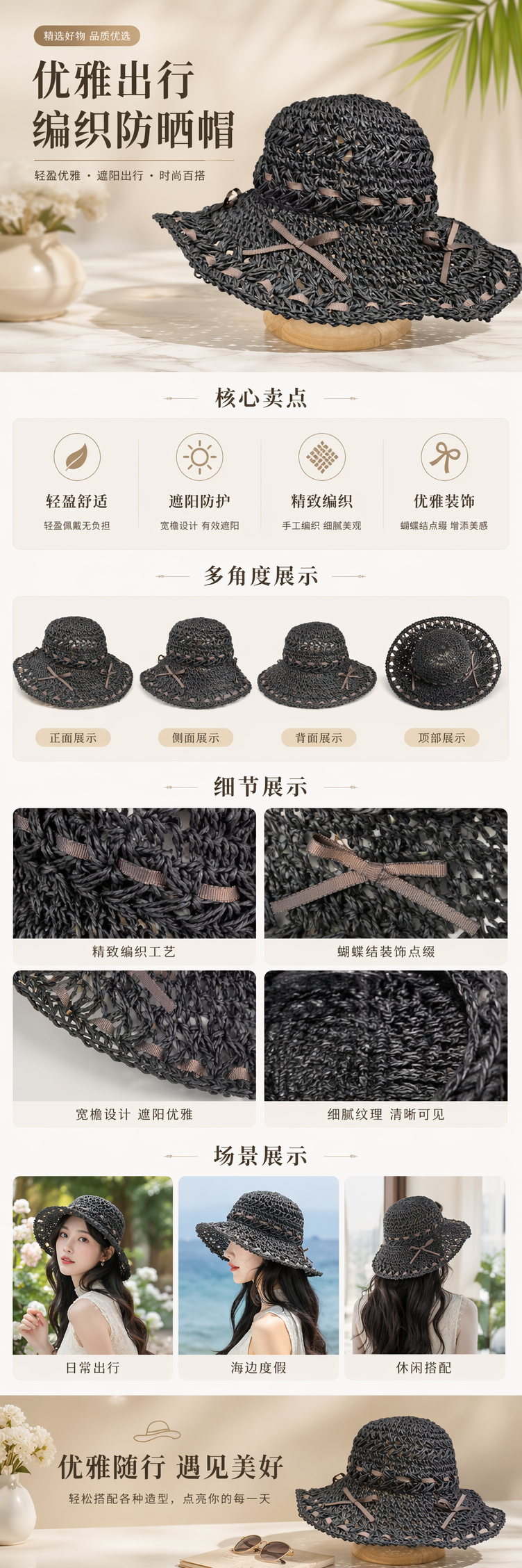 黑色编织宽檐帽 女夏防晒遮阳草编渔夫帽详情1
