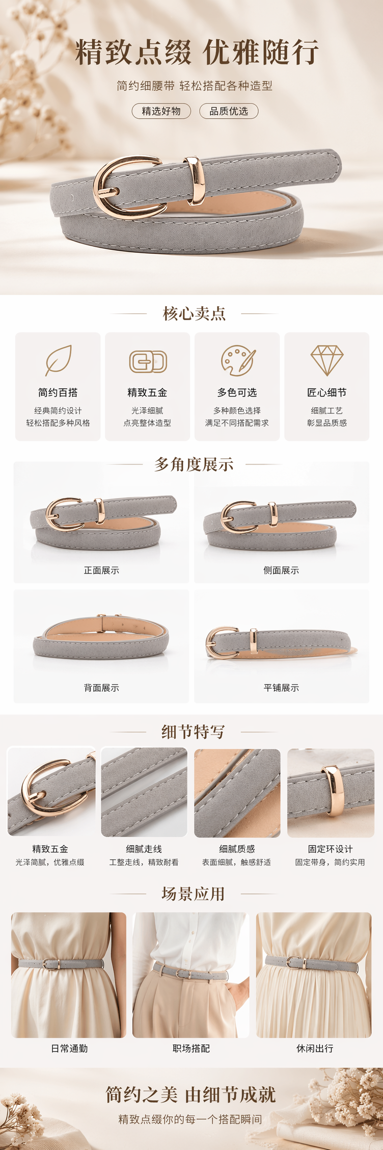 灰色皮质男士腰带简约百搭牛皮自动扣腰带详情1