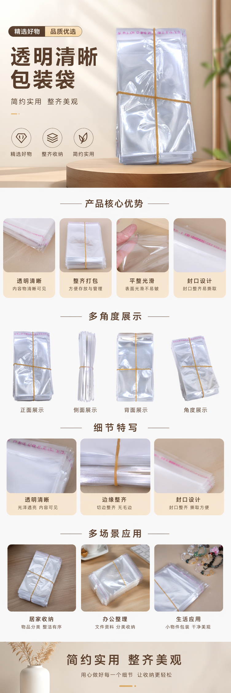 透明塑料袋堆叠式收纳 黄色橡皮筋捆扎 食品级PE材质便携装 pic 1