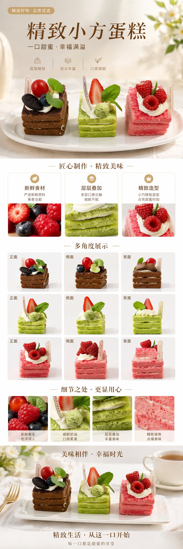 粉色覆盆子绿色抹茶棕色巧克力三色甜点礼盒奶油水果饼干薄荷叶装饰 pic 1